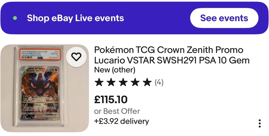 An eBay listing for a PSA 10 graded Pok&eacute;mon card